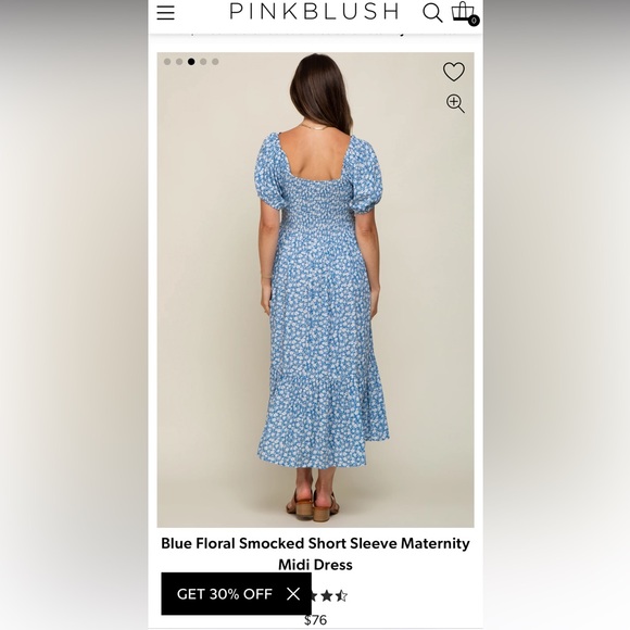 Pink Blush Blue Floral Smocked Short Sleeve Maternity Midi Dress - Picture 3 of 4